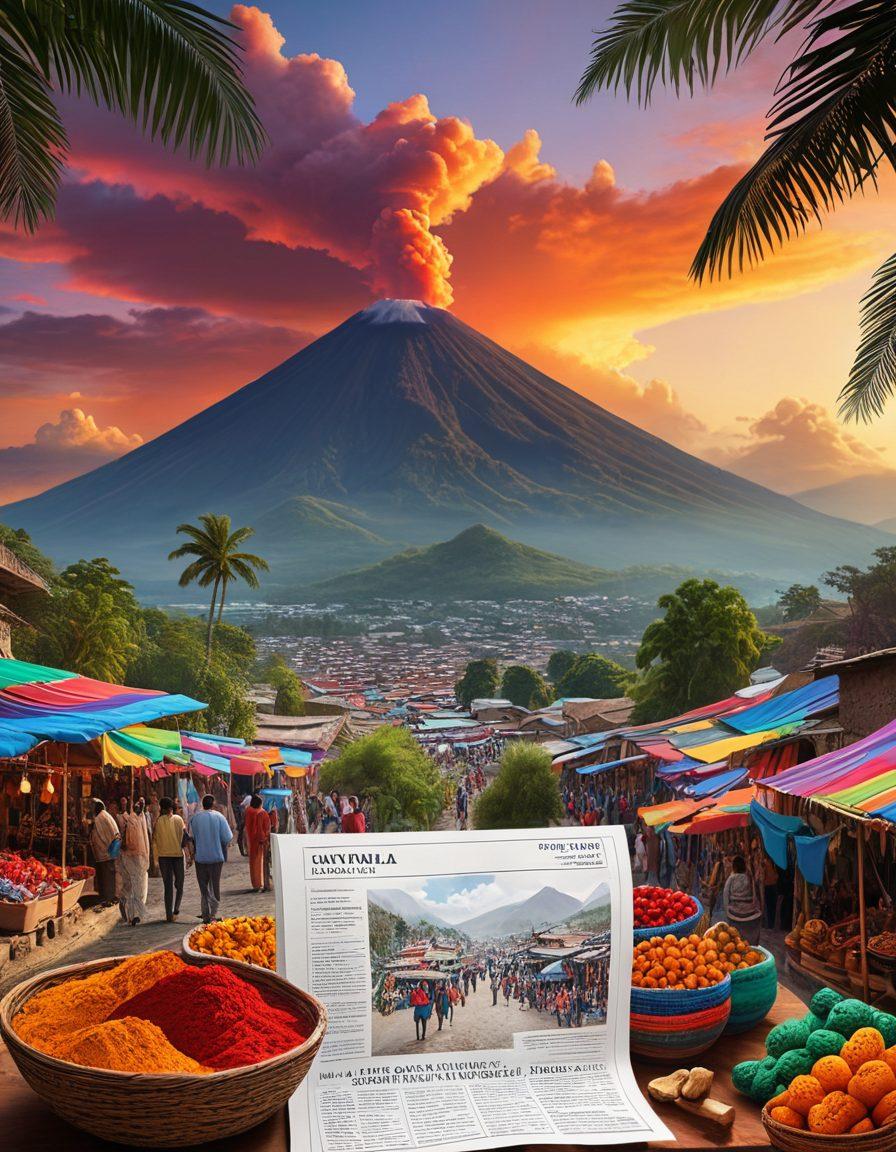 A picturesque view of Guatemala's landscapes featuring vibrant traditional markets, a diverse group of expats discussing insurance with local agents, illustrated document papers with policy details in the foreground, and iconic natural landmarks like volcanoes in the background. super-realistic. vibrant colors. 3D.