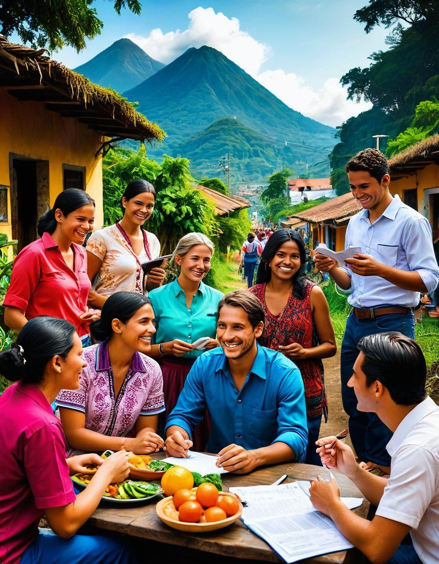 A vibrant illustration of a diverse group of expats engaging in various activities in Guatemala, showcasing local landmarks, insurance documents, and cultural elements like traditional attire and local foods. The scene should depict a sense of community, with smiles and discussions about navigating insurance. Include a backdrop of lush landscapes and colorful markets. super-realistic. vibrant colors. cultural elements.