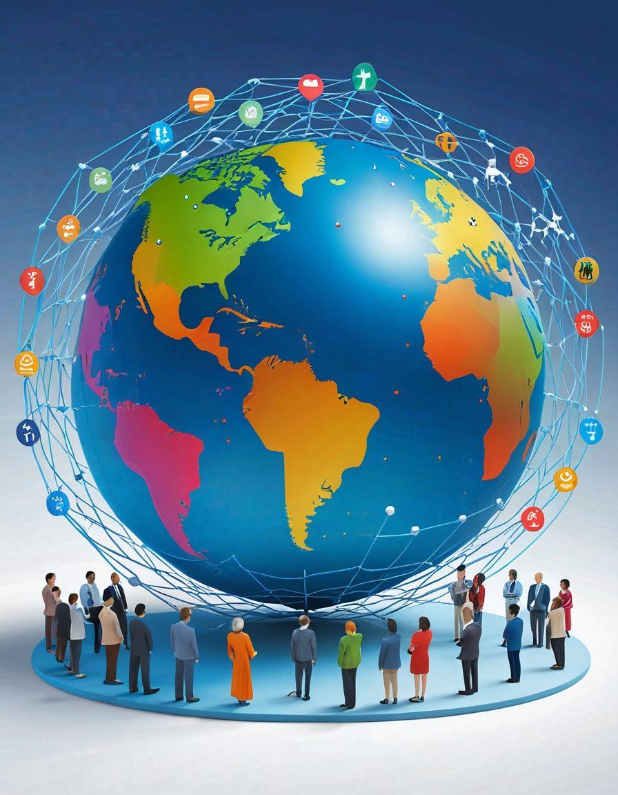 A serene scene depicting a diverse group of expatriates from various cultures, gathered around a large, protective net symbolizing safety and support, surrounded by icons representing various insurance services, such as health, travel, and life coverage. The background features a globe with connected dots to represent global reach, and soft, welcoming colors to convey warmth and security. vibrant colors. 3D.